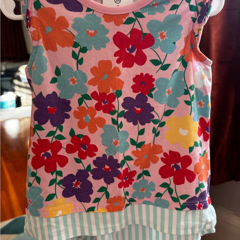 Hanna Anderson Girls Pink Floral Tank Top with Striped Hem